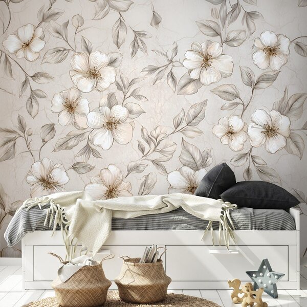 Carta da parati – Fiori e foglie beige delicate