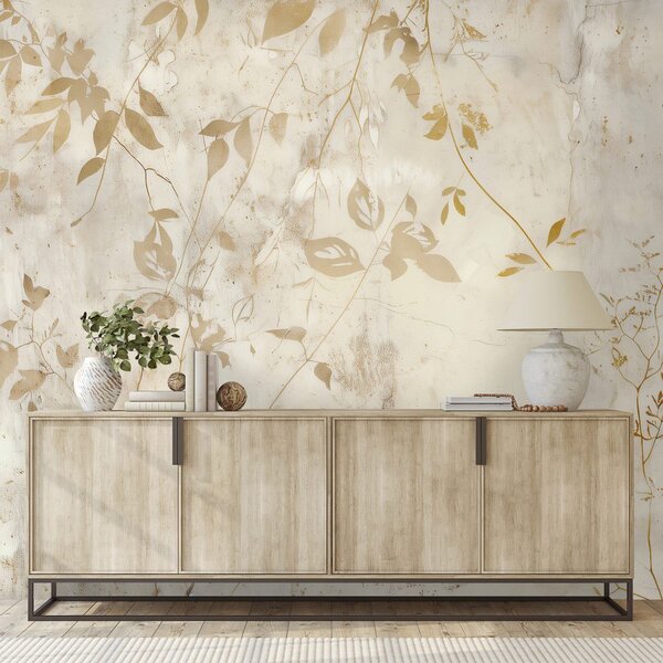 Carta da parati – Foglie dorate su sfondo beige