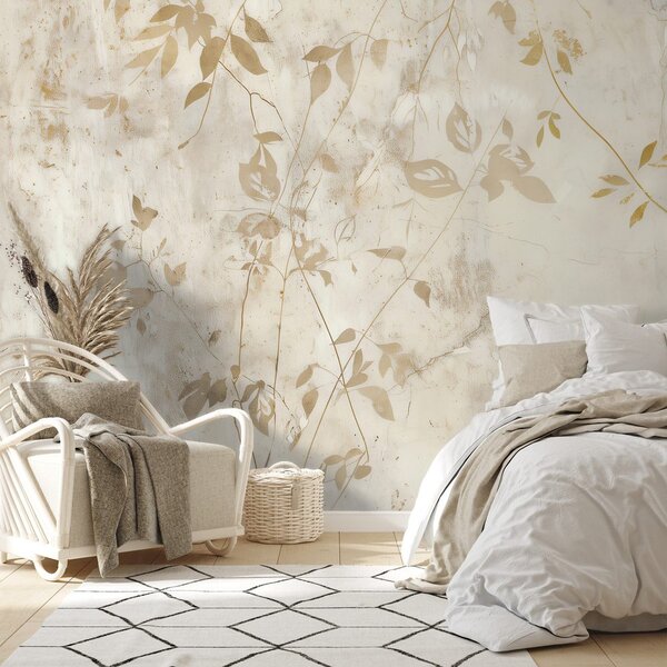 Carta da parati – Foglie dorate su sfondo beige