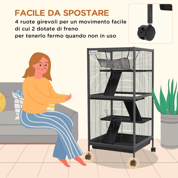 PawHut Gabbia per Porcellini d'India e Cincillà in Acciaio con 3 Piani, Ruote e Vassoio Rimovibile, Grigio | Aosom Italy