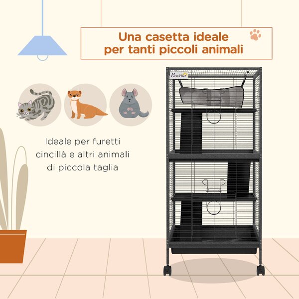 PawHut Gabbia per Porcellini d'India e Cincillà in Acciaio con 3 Piani, Ruote e Vassoio Rimovibile, Grigio | Aosom Italy