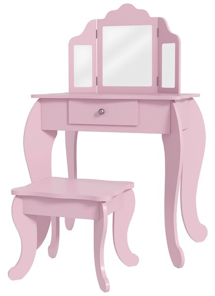 HOMCOM Tavolo da Trucco per Bambini con Sgabello e Specchio Regolabile Tavolo per Ragazze da 3-6 Anni con Cassetto Rosa | Aosom Italy