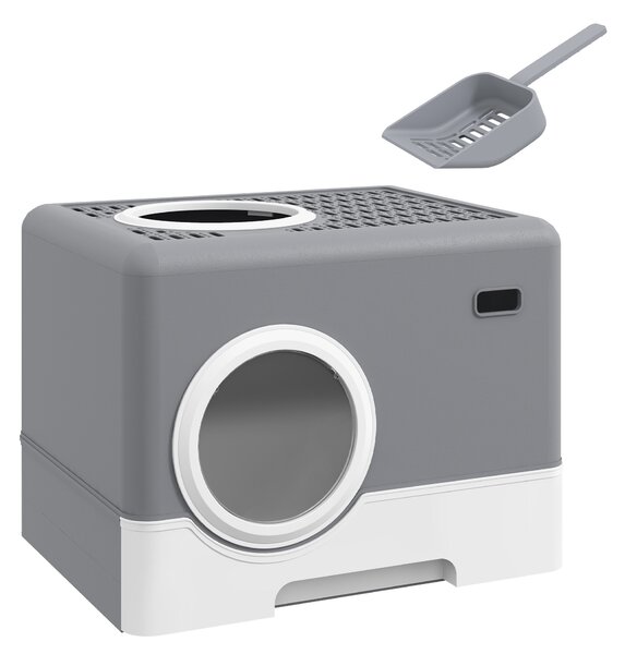 PawHut Lettiera per Gatti con Coperchio e Paletta, Doppio Ingresso e Vassoio Estraibile, 52x41x38.5 cm, Grigio | Aosom Italy