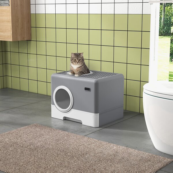 PawHut Lettiera per Gatti con Coperchio e Paletta, Doppio Ingresso e Vassoio Estraibile, 52x41x38.5 cm, Grigio | Aosom Italy