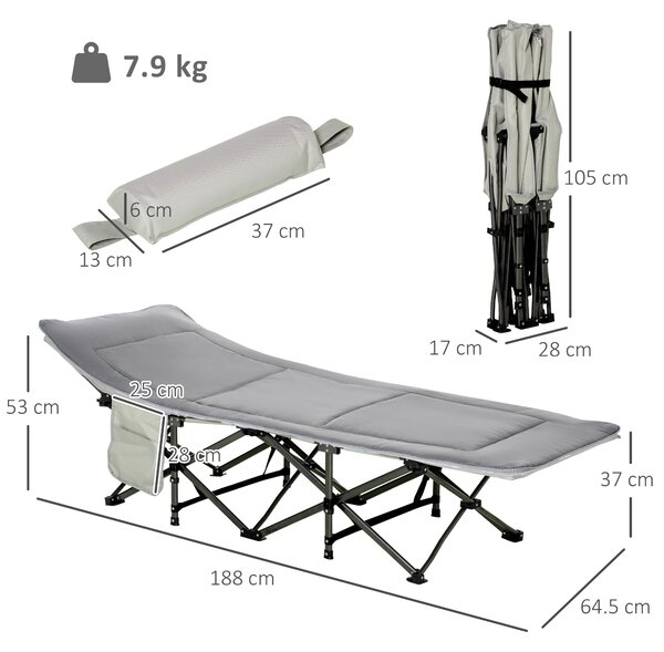Outsunny Lettino da Campeggio Pieghevole e Imbottito con Tasca Portaoggetti, 188x64.5x53 cm, Grigio chiaro|Aosom