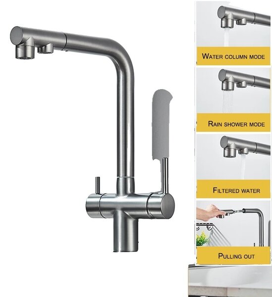 Rubinetto da cucina con doppia maniglia, funzionalità acqua fredda e calda, struttura in ottone resistente, grigio canna di fucile