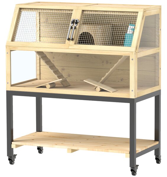 PawHut Gabbia per criceti nana in legno con scaffale, ruote, rampe, bottiglia d'acqua, casetta, altalene, 87 x 43 x 101cm