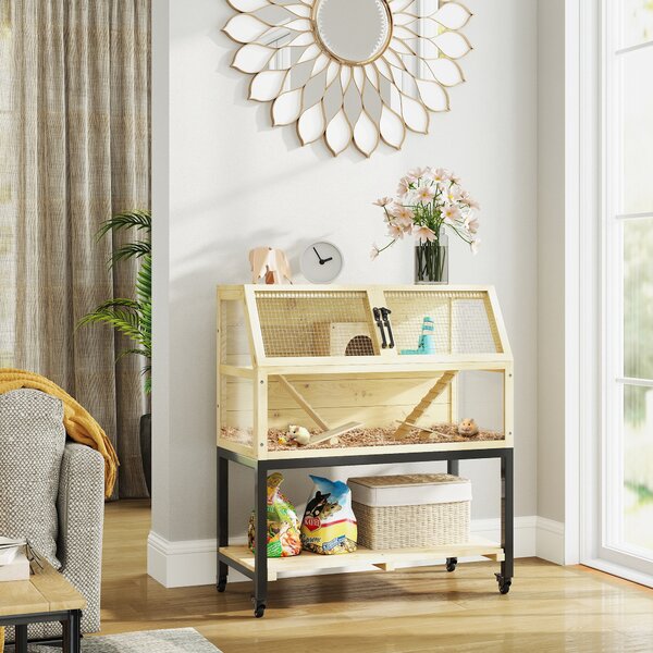 PawHut Gabbia per criceti nana in legno con scaffale, ruote, rampe, bottiglia d'acqua, casetta, altalene, 87 x 43 x 101cm