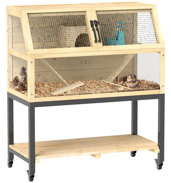 PawHut Gabbia per criceti nana in legno con scaffale, ruote, rampe, bottiglia d'acqua, casetta, altalene, 87 x 43 x 101cm