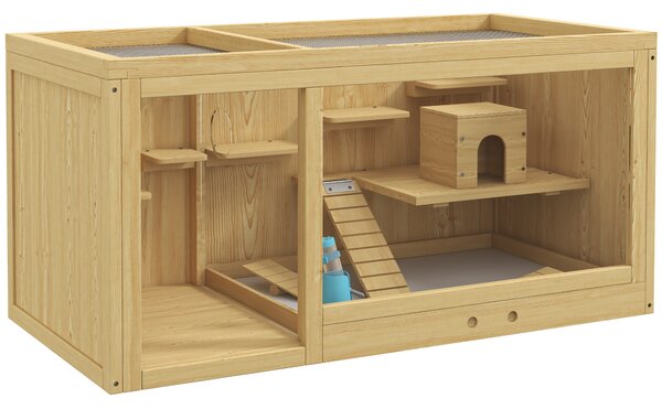 PawHut Gabbia per piccoli animali in legno, legno di abete, inclusa ciotola e bevitore, 100 x 50 x 50 cm, naturale