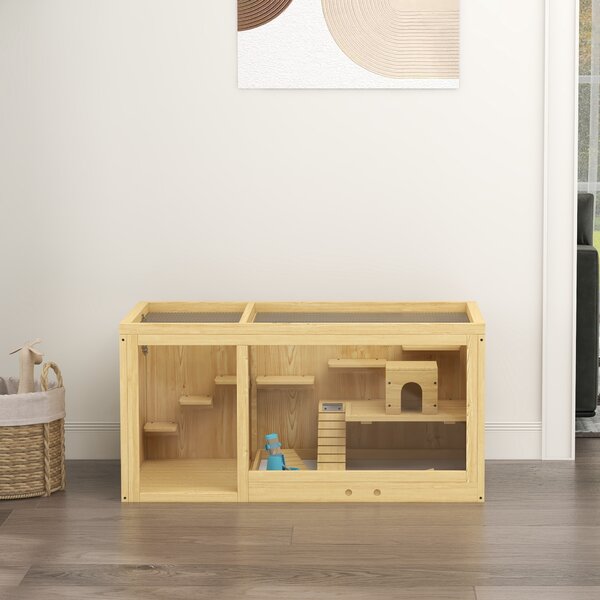 PawHut Gabbia per piccoli animali in legno, legno di abete, inclusa ciotola e bevitore, 100 x 50 x 50 cm, naturale