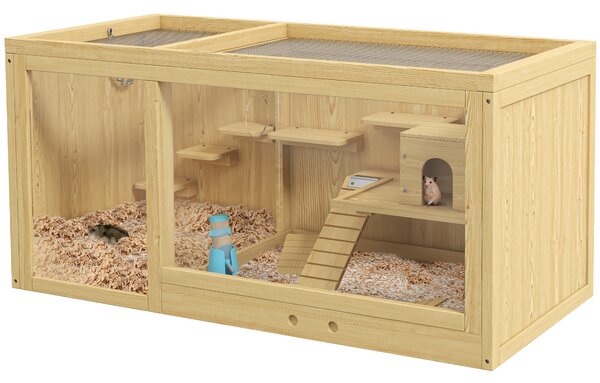 PawHut Gabbia per piccoli animali in legno, legno di abete, inclusa ciotola e bevitore, 100 x 50 x 50 cm, naturale