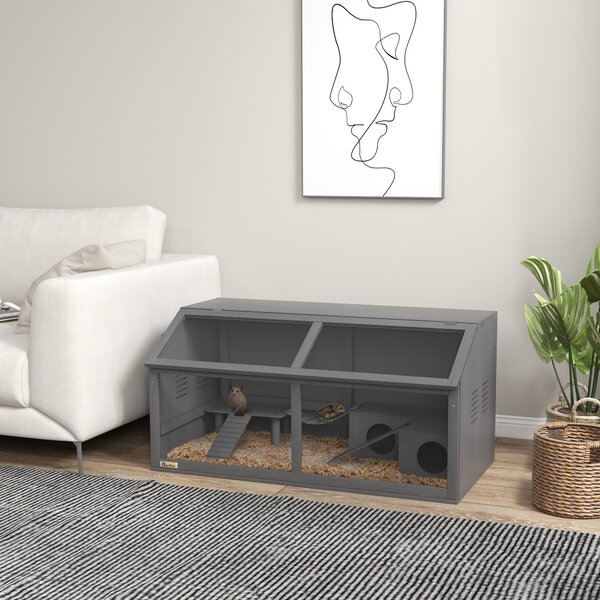 PawHut Gabbia per piccoli animali, per roditori, in legno di pino, 100 cm x 52 cm x 50 cm, Grigio