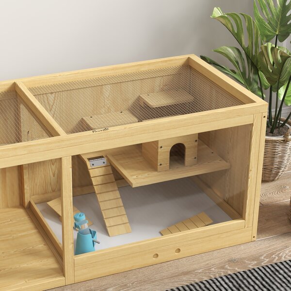 PawHut Gabbia per piccoli animali in legno, legno di abete, inclusa ciotola e bevitore, 100 x 50 x 50 cm, naturale
