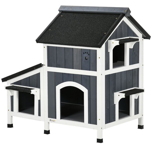PawHut Casa per Gatti all'Aperto, a due Piani, Altezza dal Suolo, Legno Naturale, Tetto in Asfalto, grigio, 96 x 65 x 85,5 cm