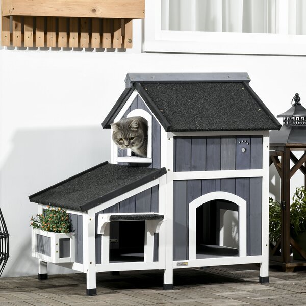 PawHut Casa per Gatti all'Aperto, a due Piani, Altezza dal Suolo, Legno Naturale, Tetto in Asfalto, grigio, 96 x 65 x 85,5 cm