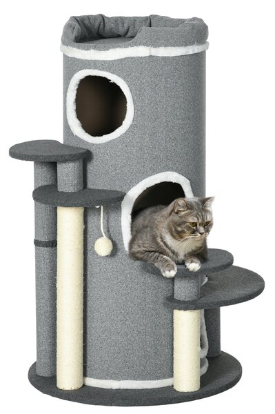 PawHut Albero Grattatore per Gatti, 2 tane per gatti, 4 spazi riposanti, 4 tiragraffi, 57 cm x 57 cm x 99 cm, Grigio + Bianco