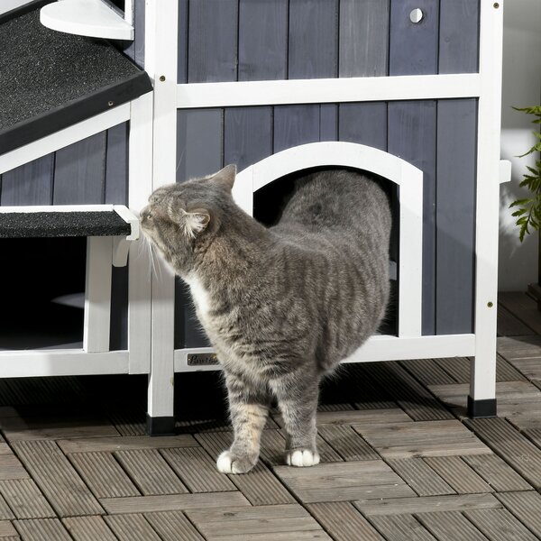 PawHut Casa per Gatti all'Aperto, a due Piani, Altezza dal Suolo, Legno Naturale, Tetto in Asfalto, grigio, 96 x 65 x 85,5 cm