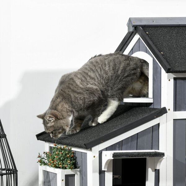 PawHut Casa per Gatti all'Aperto, a due Piani, Altezza dal Suolo, Legno Naturale, Tetto in Asfalto, grigio, 96 x 65 x 85,5 cm