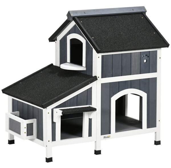 PawHut Casa per Gatti all'Aperto, a due Piani, Altezza dal Suolo, Legno Naturale, Tetto in Asfalto, grigio, 96 x 65 x 85,5 cm