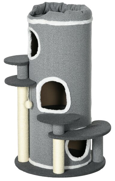 PawHut Albero Grattatore per Gatti, 2 tane per gatti, 4 spazi riposanti, 4 tiragraffi, 57 cm x 57 cm x 99 cm, Grigio + Bianco