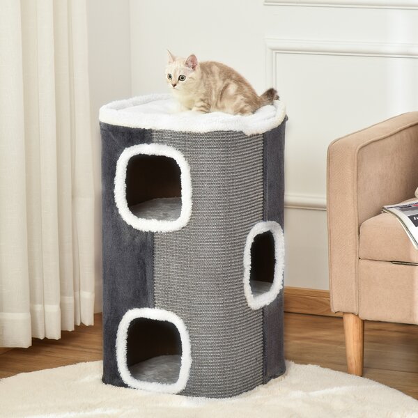 PawHut Albero Graffiante per Gatti Kratztonne 3 Livelli Albero per Gatti Arrampicata per Gatti Mobili per Gatti Truciolato poliestere vellutato sisal Grigio+Bianco 40 x 40 x 74 cm