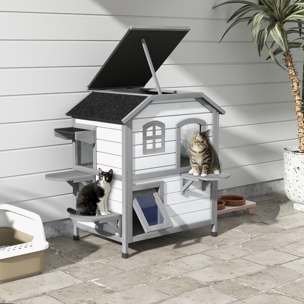 PawHut Casa per gatti Gattile Grotta per gatti, 2 Piani, resistente alle intemperie, 78,1 cm x 55,2 cm x 90,8 cm, Bianco + Grigio
