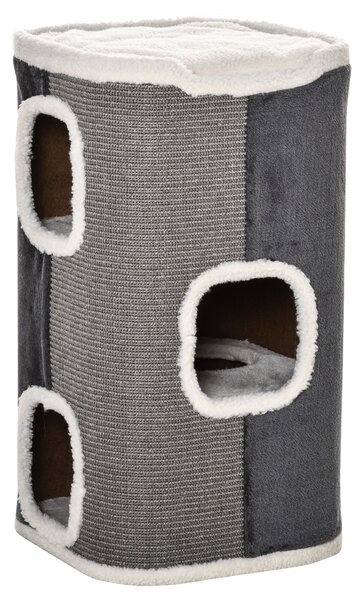 PawHut Albero Graffiante per Gatti Kratztonne 3 Livelli Albero per Gatti Arrampicata per Gatti Mobili per Gatti Truciolato poliestere vellutato sisal Grigio+Bianco 40 x 40 x 74 cm