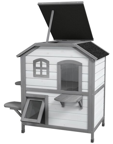 PawHut Casa per gatti Gattile Grotta per gatti, 2 Piani, resistente alle intemperie, 78,1 cm x 55,2 cm x 90,8 cm, Bianco + Grigio