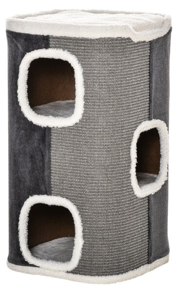 PawHut Albero Graffiante per Gatti Kratztonne 3 Livelli Albero per Gatti Arrampicata per Gatti Mobili per Gatti Truciolato poliestere vellutato sisal Grigio+Bianco 40 x 40 x 74 cm