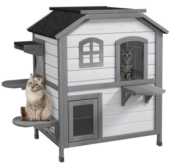 PawHut Casa per gatti Gattile Grotta per gatti, 2 Piani, resistente alle intemperie, 78,1 cm x 55,2 cm x 90,8 cm, Bianco + Grigio