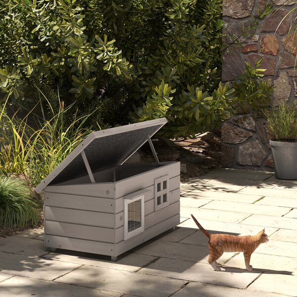 PawHut Casetta per Gatti Cuccia per Gatti con Tetto in Asfalto Gatto Casina per Gatti con Finestra per Gatti Cani Outdoor Resistente all'Inverno Legno di abete Grigio Nero 87 x 52 x 44 cm