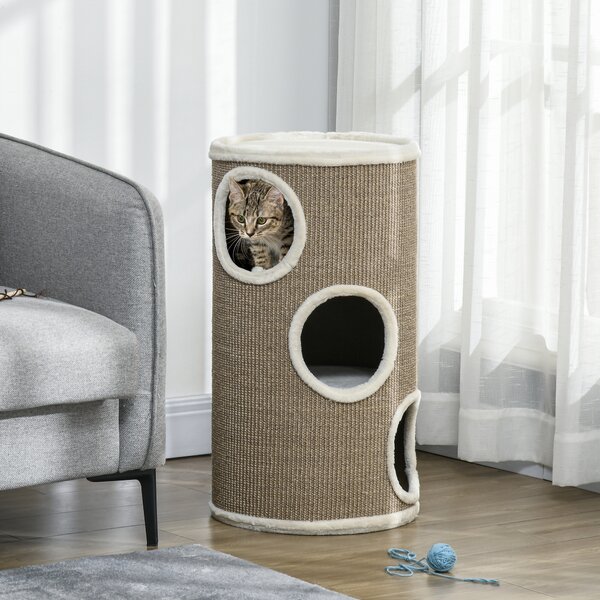 PawHut Cuccia per Gatti a 3 Livelli con Tiragraffi in Sisal e Peluche, Ø38x70cm, Marrone | Aosom Italy