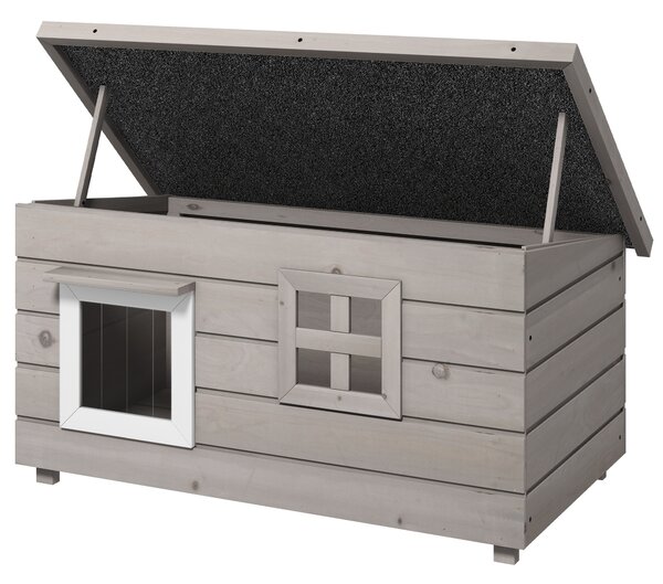 PawHut Casetta per Gatti Cuccia per Gatti con Tetto in Asfalto Gatto Casina per Gatti con Finestra per Gatti Cani Outdoor Resistente all'Inverno Legno di abete Grigio Nero 87 x 52 x 44 cm