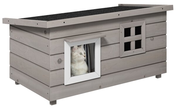 PawHut Casetta per Gatti Cuccia per Gatti con Tetto in Asfalto Gatto Casina per Gatti con Finestra per Gatti Cani Outdoor Resistente all'Inverno Legno di abete Grigio Nero 87 x 52 x 44 cm