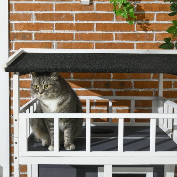 PawHut Casa per Gatti in Legno, Katzenhütte per Esterni con Terrazza, Tane per Gatti, 4 Piani, Villa per Gatti con Scala, Tetto in Asfalto, Resistente alle Intemperie, Casa per Piccoli Animali, Grigio, 75,5 x 75 x 137 cm