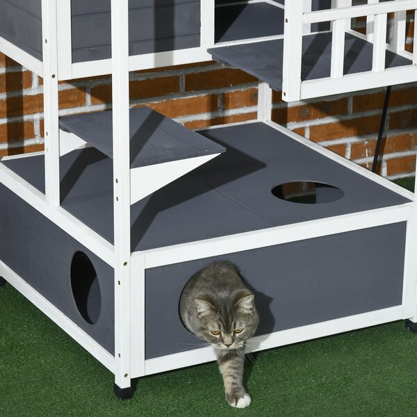 PawHut Casa per Gatti in Legno, Katzenhütte per Esterni con Terrazza, Tane per Gatti, 4 Piani, Villa per Gatti con Scala, Tetto in Asfalto, Resistente alle Intemperie, Casa per Piccoli Animali, Grigio, 75,5 x 75 x 137 cm