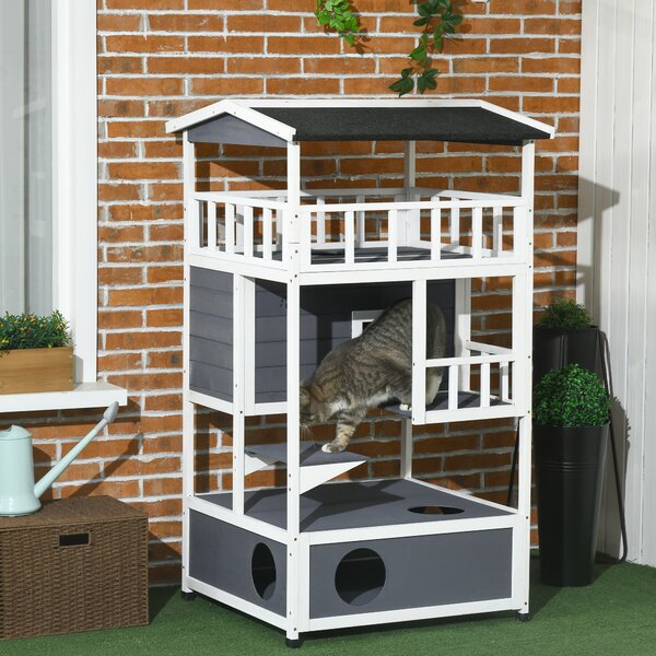 PawHut Casa per Gatti in Legno, Katzenhütte per Esterni con Terrazza, Tane per Gatti, 4 Piani, Villa per Gatti con Scala, Tetto in Asfalto, Resistente alle Intemperie, Casa per Piccoli Animali, Grigio, 75,5 x 75 x 137 cm