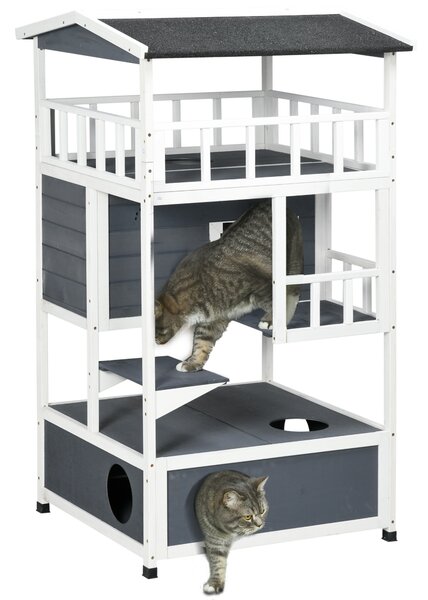 PawHut Casa per Gatti in Legno, Katzenhütte per Esterni con Terrazza, Tane per Gatti, 4 Piani, Villa per Gatti con Scala, Tetto in Asfalto, Resistente alle Intemperie, Casa per Piccoli Animali, Grigio, 75,5 x 75 x 137 cm