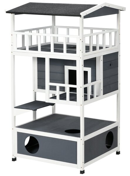 PawHut Casa per Gatti in Legno, Katzenhütte per Esterni con Terrazza, Tane per Gatti, 4 Piani, Villa per Gatti con Scala, Tetto in Asfalto, Resistente alle Intemperie, Casa per Piccoli Animali, Grigio, 75,5 x 75 x 137 cm