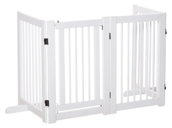 PawHut Recinzione per Cani 4 Pannelli, 204 x 75 cm Recinzione Pieghevole con Porta, Recinzione per Cani Autoportante con 2 Piedi di Supporto, Recinzione per Scale in Legno per Ingresso, Cucina, Scala, Bianco