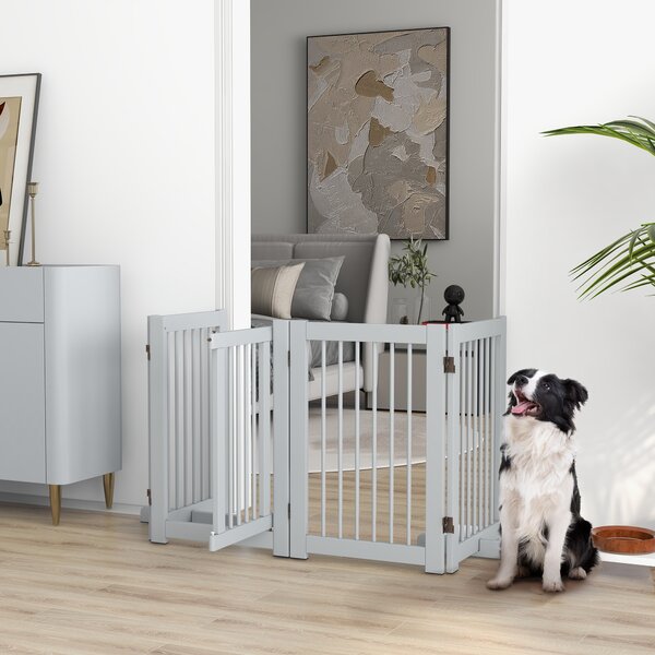 PawHut Cancelletto per Cani Autoportante, 4 Pannelli, Flessibile, Legno di Pino, 204L x 36P x 75H cm, Grigio Chiaro