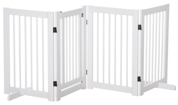 PawHut Recinzione per Cani 4 Pannelli, 204 x 75 cm Recinzione Pieghevole con Porta, Recinzione per Cani Autoportante con 2 Piedi di Supporto, Recinzione per Scale in Legno per Ingresso, Cucina, Scala, Bianco