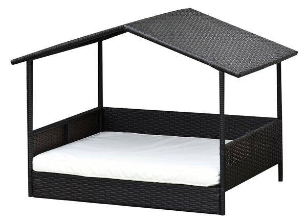 PawHut Casa per Cani in Rattan con Cuscino, Letto per Cani a Forma di Casa, Cuccia per Cani da Esterno, Telaio in Acciaio, Plastica, Marrone Caffè, 69 x 98 x 70 cm