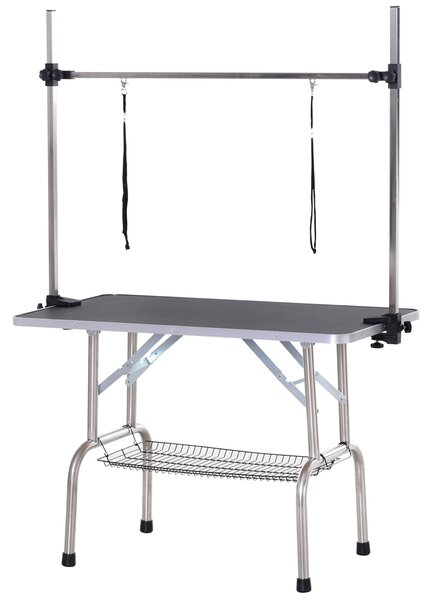 PawHut Tavolo Taglio Toelettatura per Animali con Cesto Inferiore per Cani Altezza Regolabile Pieghevole in Acciaio Inossidabile Metallo Nero 107 x 60 x 170 cm