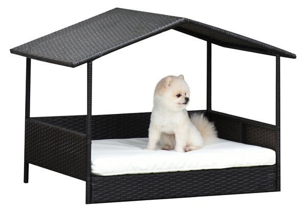 PawHut Casa per Cani in Rattan con Cuscino, Letto per Cani a Forma di Casa, Cuccia per Cani da Esterno, Telaio in Acciaio, Plastica, Marrone Caffè, 69 x 98 x 70 cm