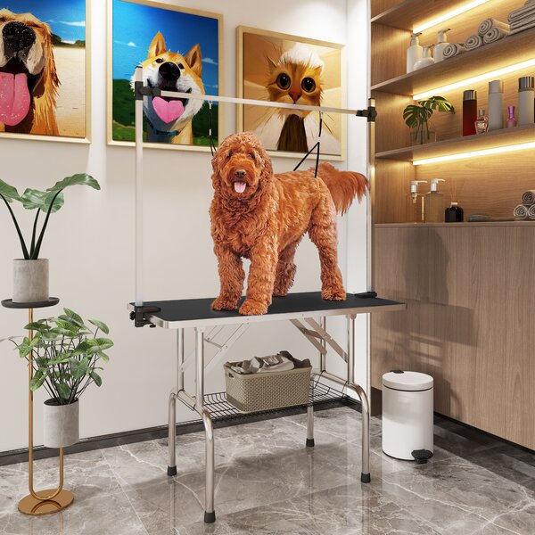 PawHut Tavolo Taglio Toelettatura per Animali con Cesto Inferiore per Cani Altezza Regolabile Pieghevole in Acciaio Inossidabile Metallo Nero 107 x 60 x 170 cm