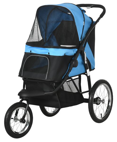 PawHut Carro per cani, pieghevole, cappuccio parasole, finestre in rete, cestino portaoggetti, Blu, 111 x 58 x 107 cm
