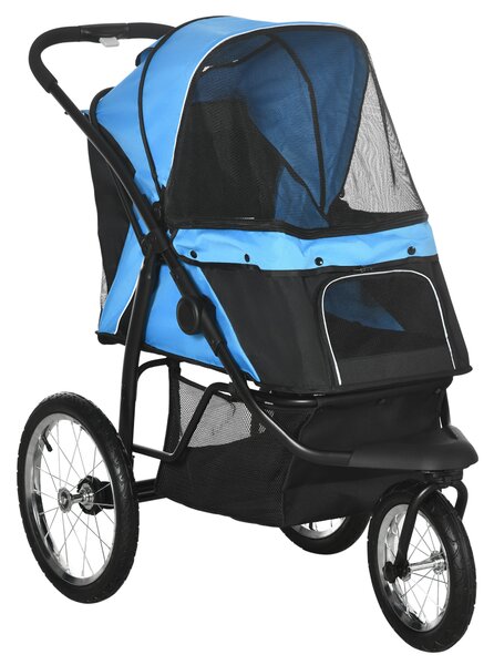 PawHut Carro per cani, pieghevole, cappuccio parasole, finestre in rete, cestino portaoggetti, Blu, 111 x 58 x 107 cm