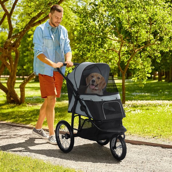 PawHut Carrello per cani pieghevole con parasole, finestre a rete, cestino portaoggetti, grigio, 111 x 58 x 107 cm